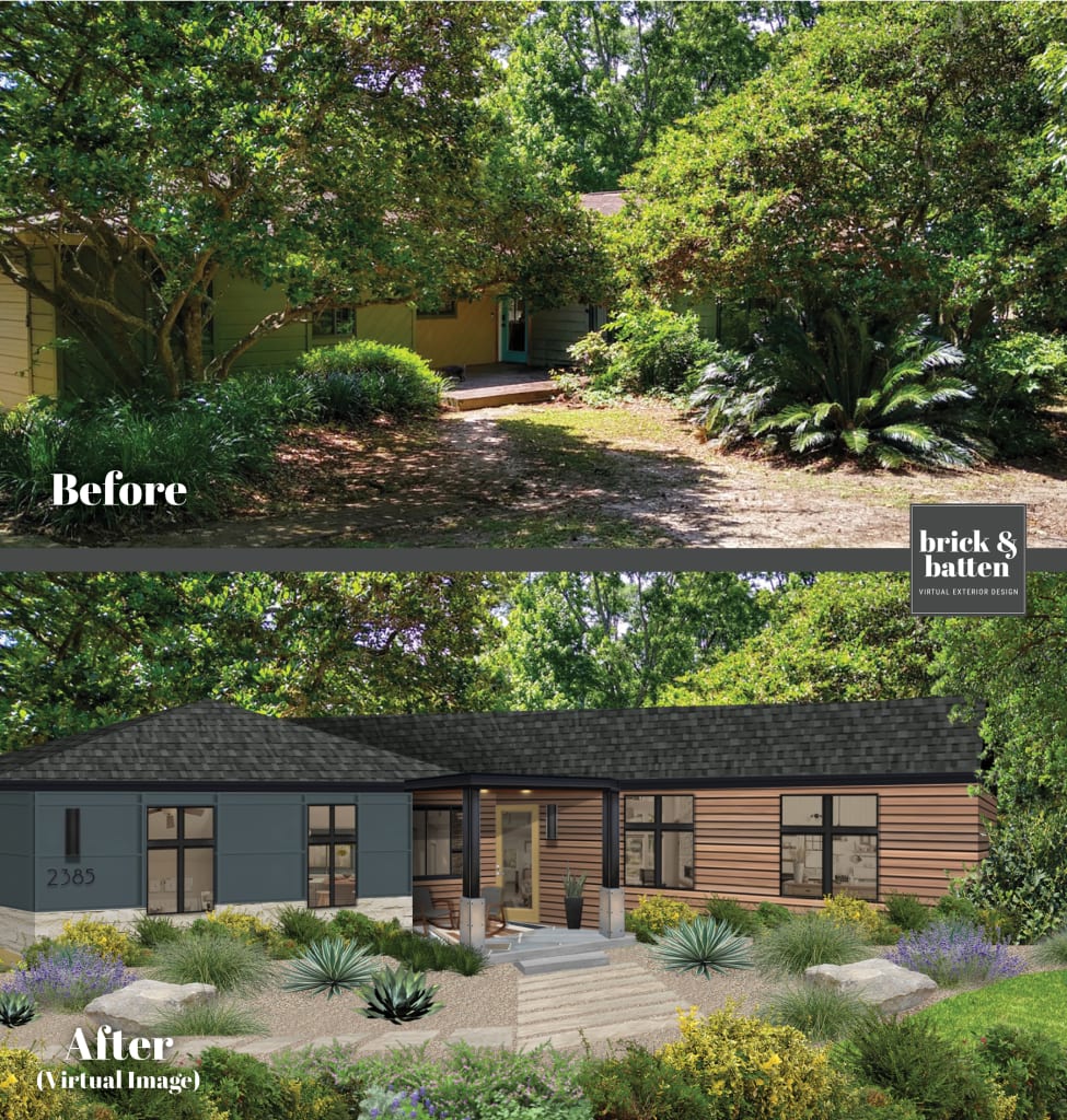 Before and after of a single-story, ranch-style home. Originally a mix of colors, the property's after photo uses James Hardie siding in the color Evening Blue, complemented by natural wooden tones. In the before photo, the front yard is patchy. In the after, it has a stylish walkway and lush landscaping.