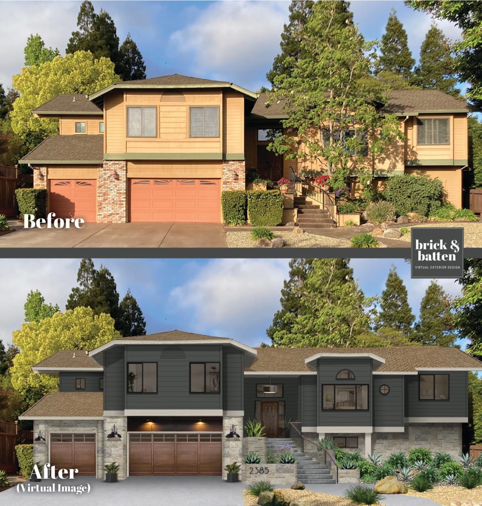 rustic modern home painted in deep creek with stone and wood garage doors