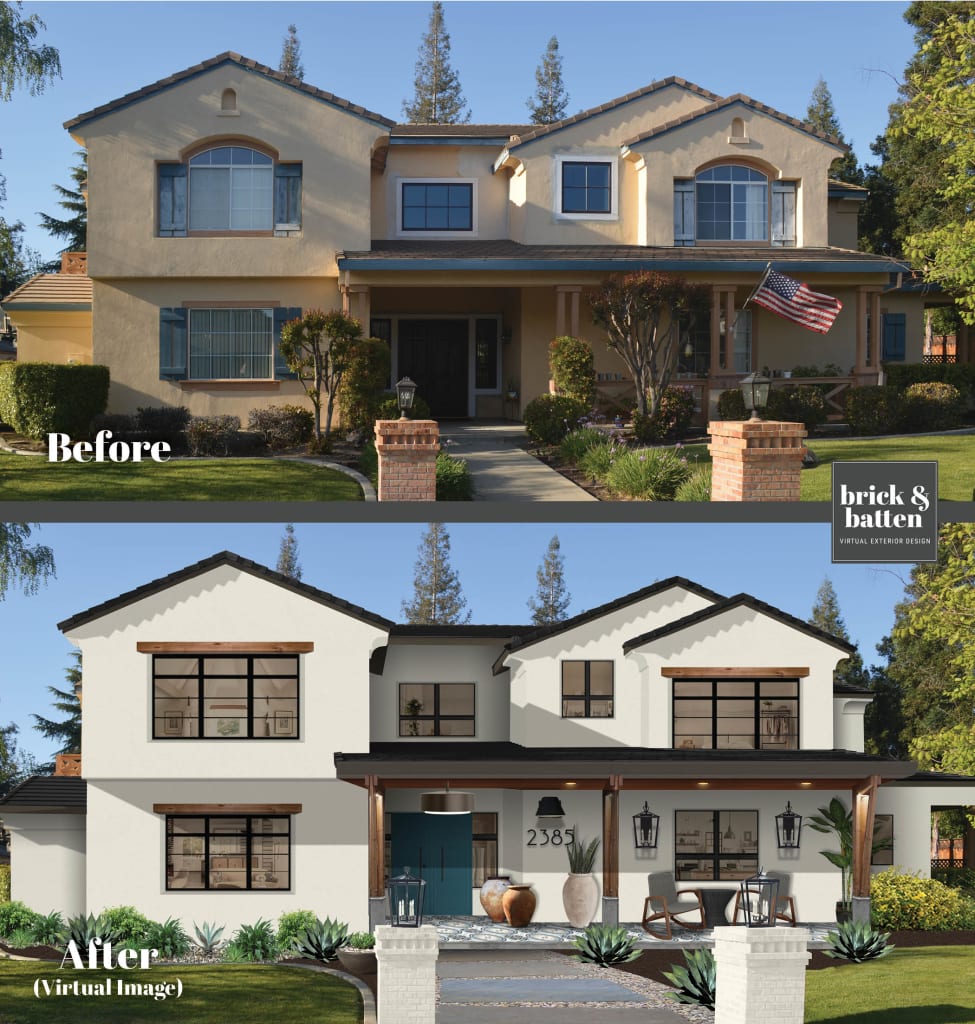 large two story spanish style home painted white with black grid windows and a teal front door