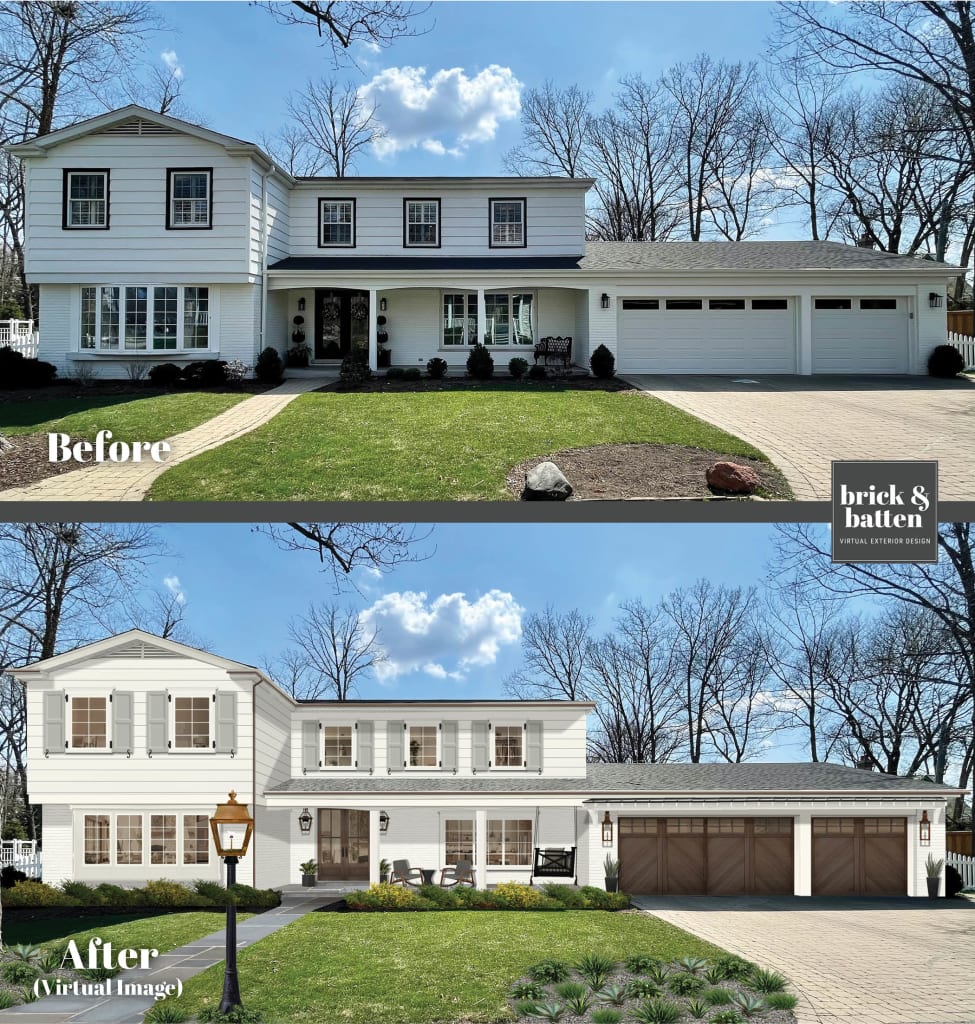 Before and after of a modern farmhouse painted in Simply White with Sea Haze shutters