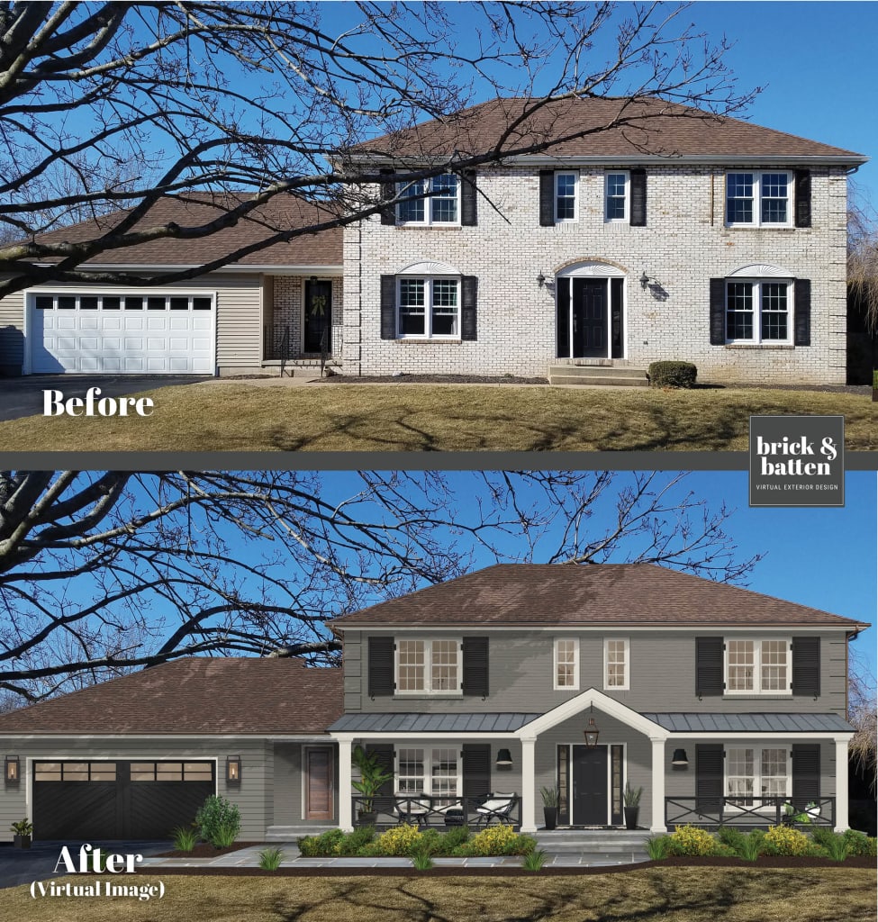 transitional modern home with gray siding and brick with black shutters