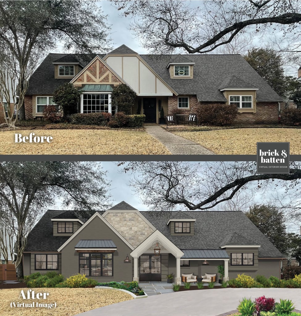 Before and after of an updated Cape Cod style home with a new front porch awning, painted in Deep Creek