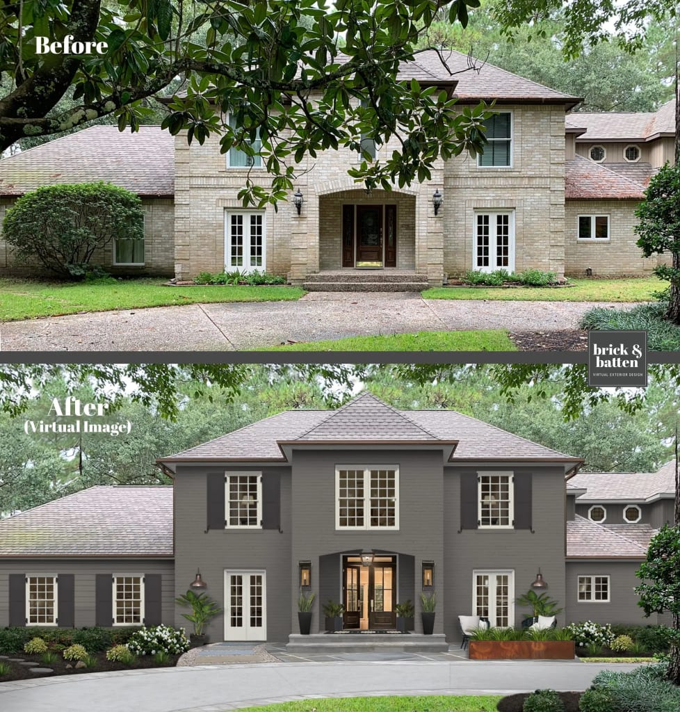 Before and after of a traditional brick two-story home with the brick painted a dark gray