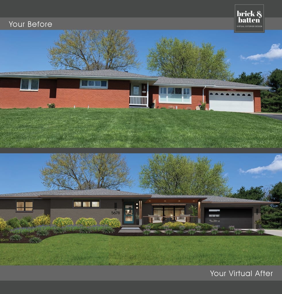 Before and after of an exterior virtual renovation that massively modernized a ranch-style home. In the after, the exterior has been painted Deep Creek by Benjamin Moore, while the front door creates a pop of color in the Galapagos Turquoise by Benjamin Moore color. The after photo also has lush landscaping installed in front of the home.
