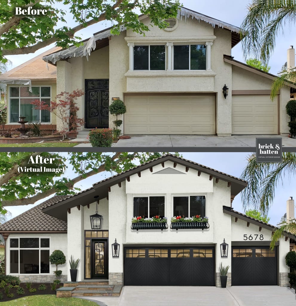 Before and after of a stucco home painted white with black accents and beautiful details