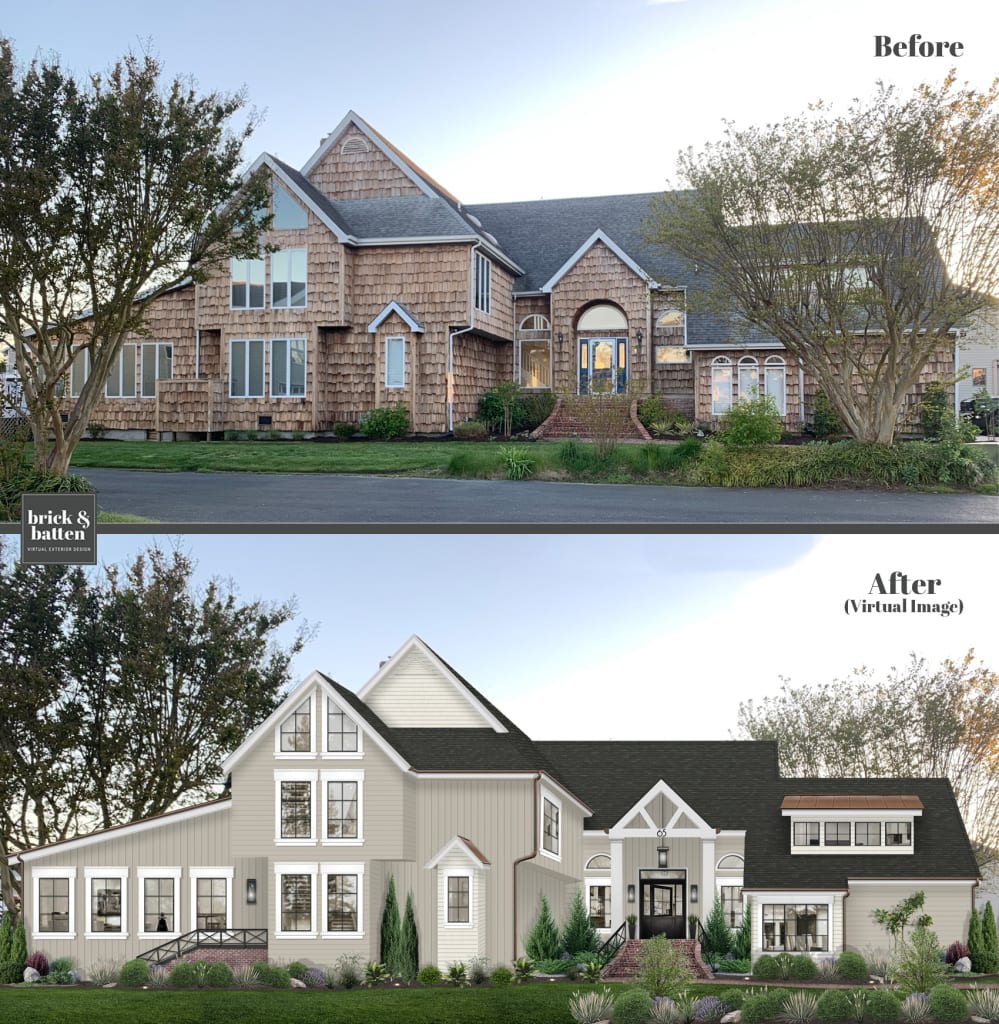 before and after of a house with neutral siding, white trim, and a front door with a transom window above it