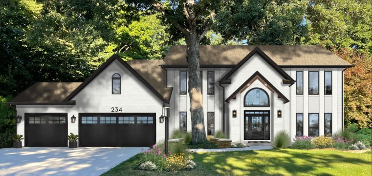 A transitional two-story home with white painted brick and an outdoor lamp post A transitional two-story home with white painted brick and an outdoor lamp post