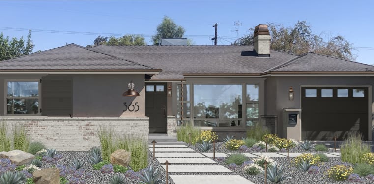 Stucco ranch home with copper landscape lighting Stucco ranch home with copper landscape lighting