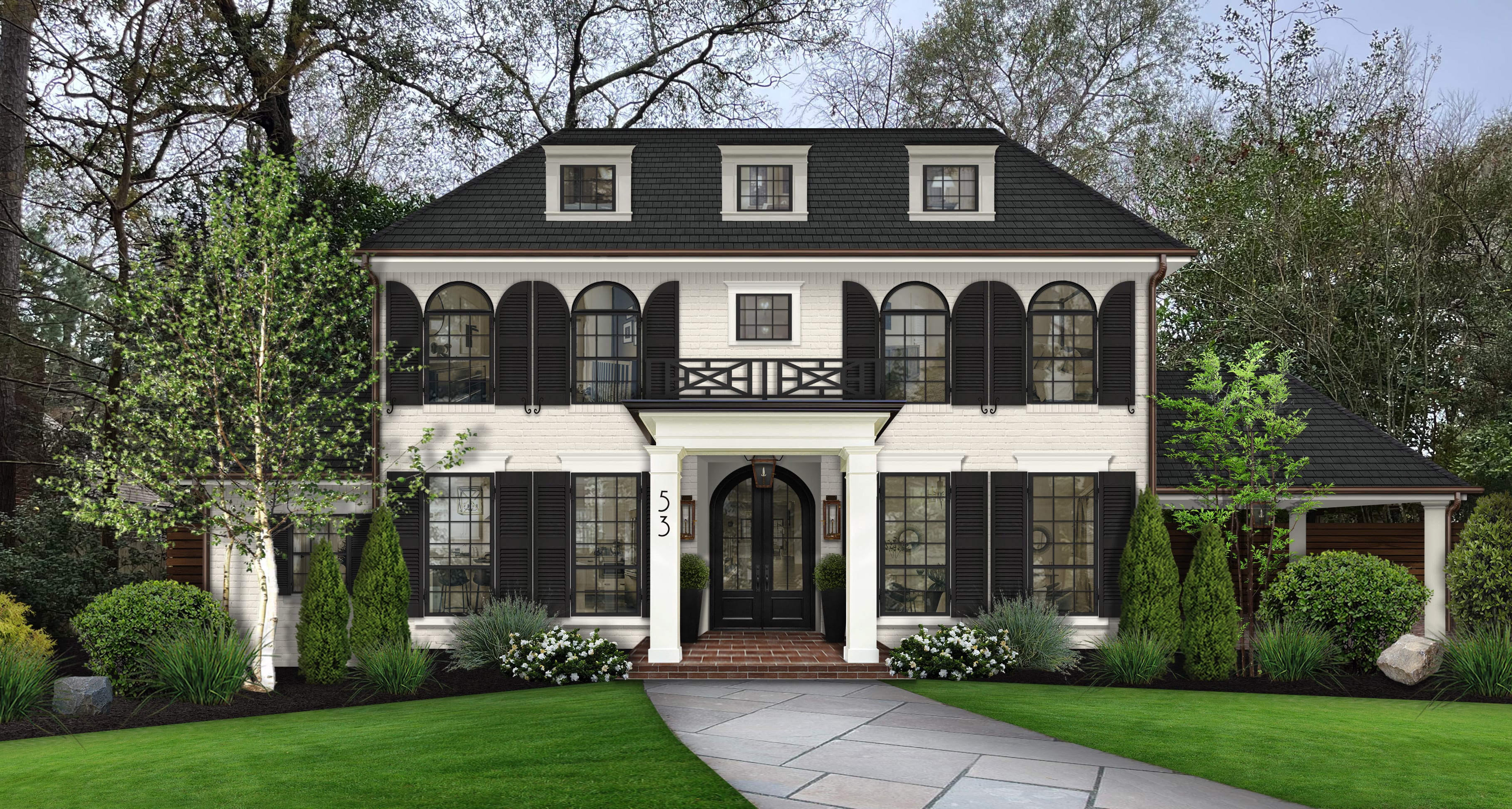 Simple two-story white house with wooden door, windows, and porch