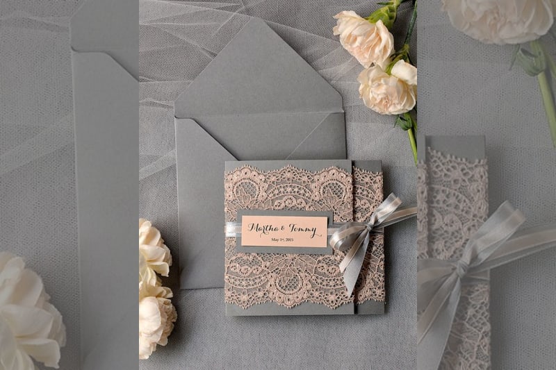 Bridebook.co.uk- grey and lace decorated invitations