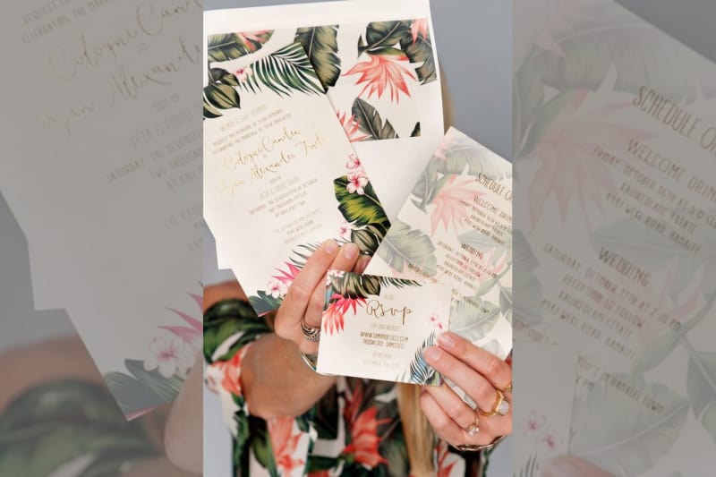 bridebook.co.uk tropical themed wedding invitations