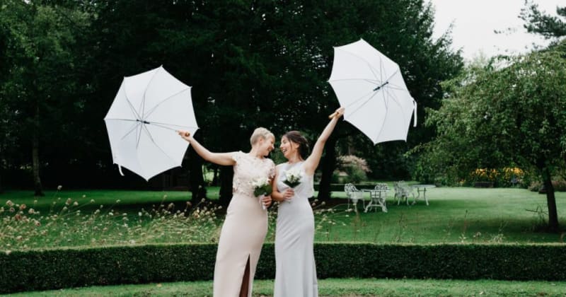 Brides outside looking at each other, each holding white umbrellas high above their heads