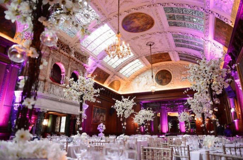 Beautifully decorated wedding venue with white flowers