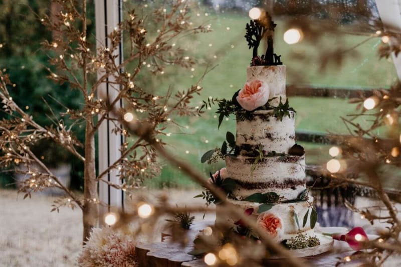 A white wedding cake covered in leafs and flowers.