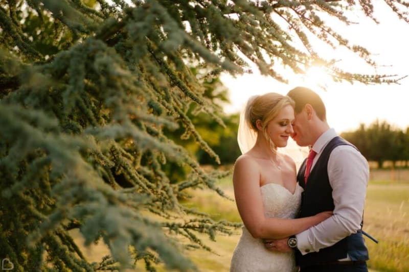 The bride and groom embrace near a tree.