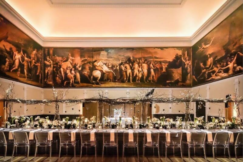Tables set up for a wedding reception.