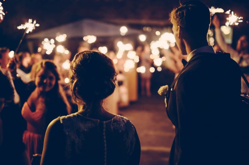 Wedding party outdoors at night