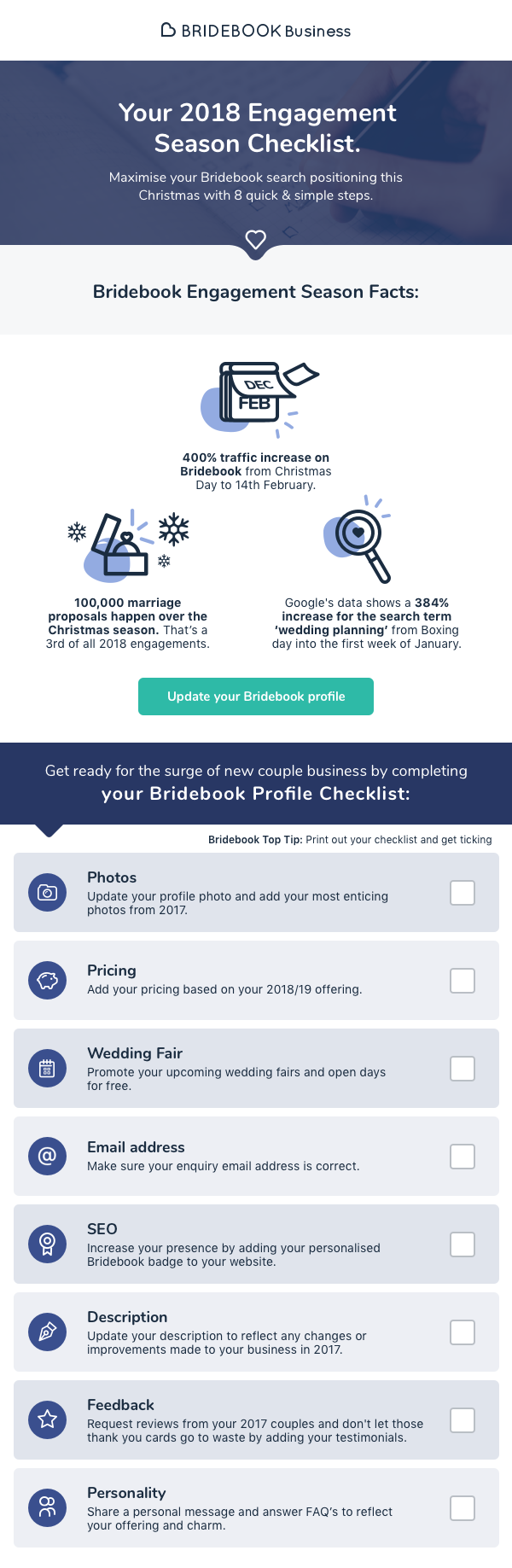 Maximise your Bridebook search positioning this Christmas with 8 quick & simple steps. Get ready for the surge of new couple business by completing your Bridebook Profile Checklist.