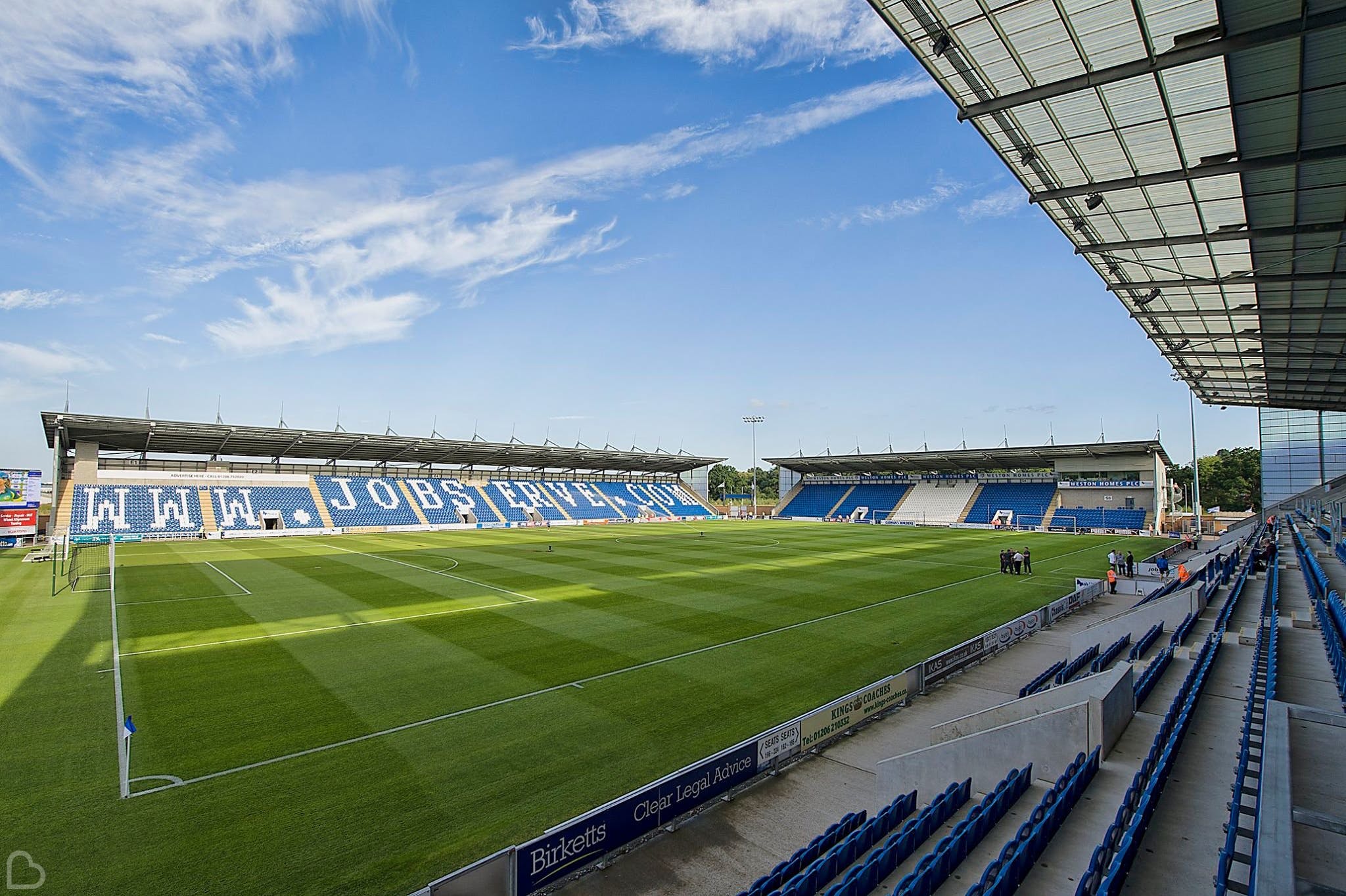 Colchester United Football Club stadium on a sunny day