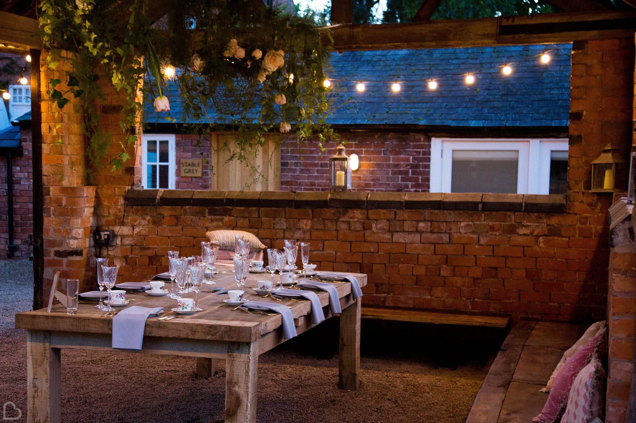 Iscoyd Park with fairy lights set up for an intimate wedding dinner