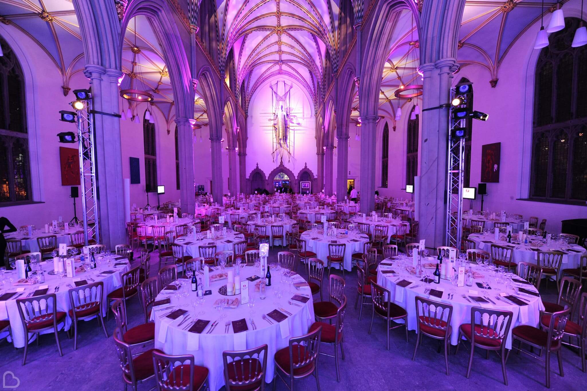 Blackburn Cathedral in Lancashire set up for a wedding dinner. 