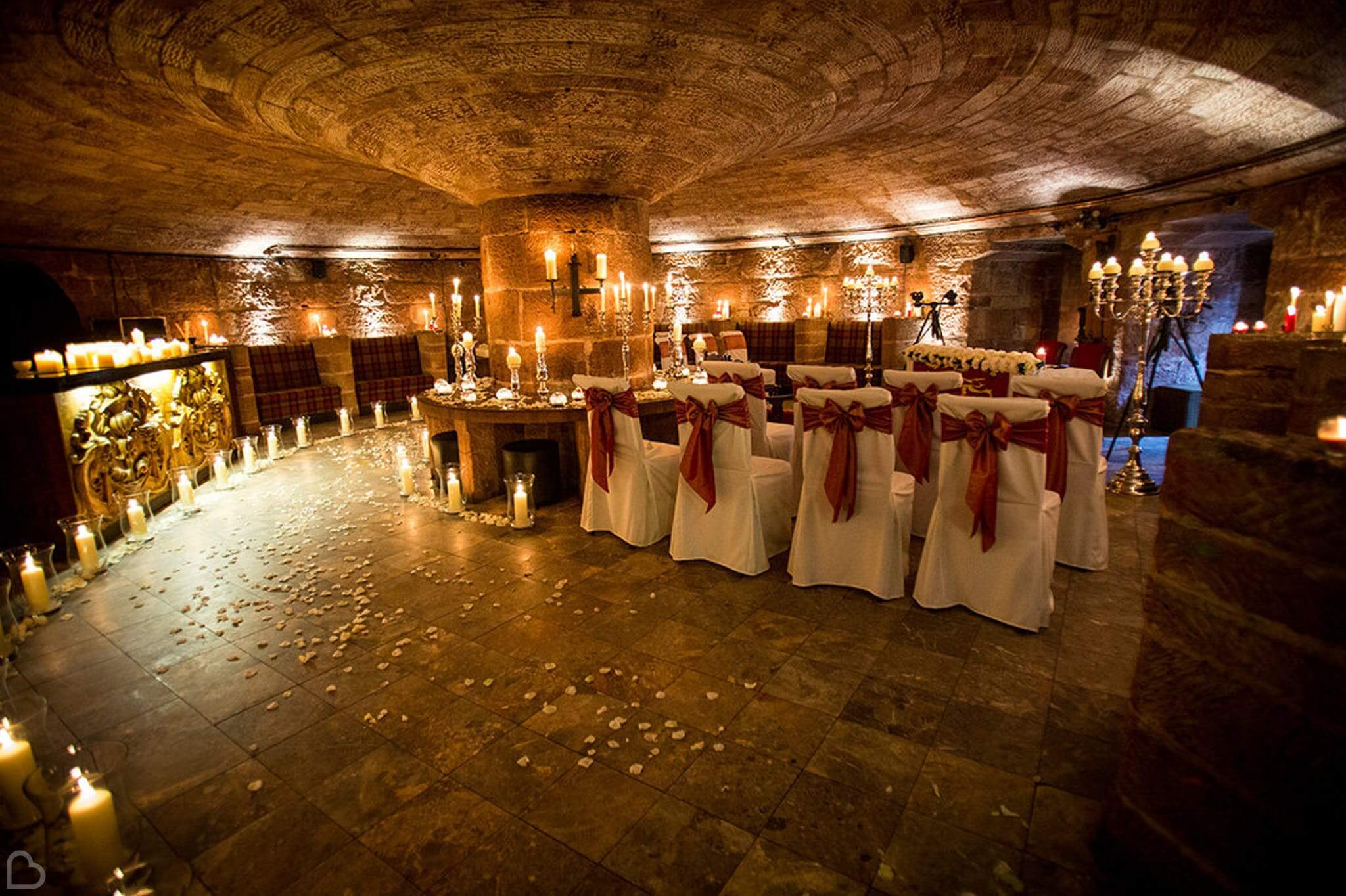 Medieval style dining room in Peckford Castle, an exclusive use wedding venue in Cheshire.