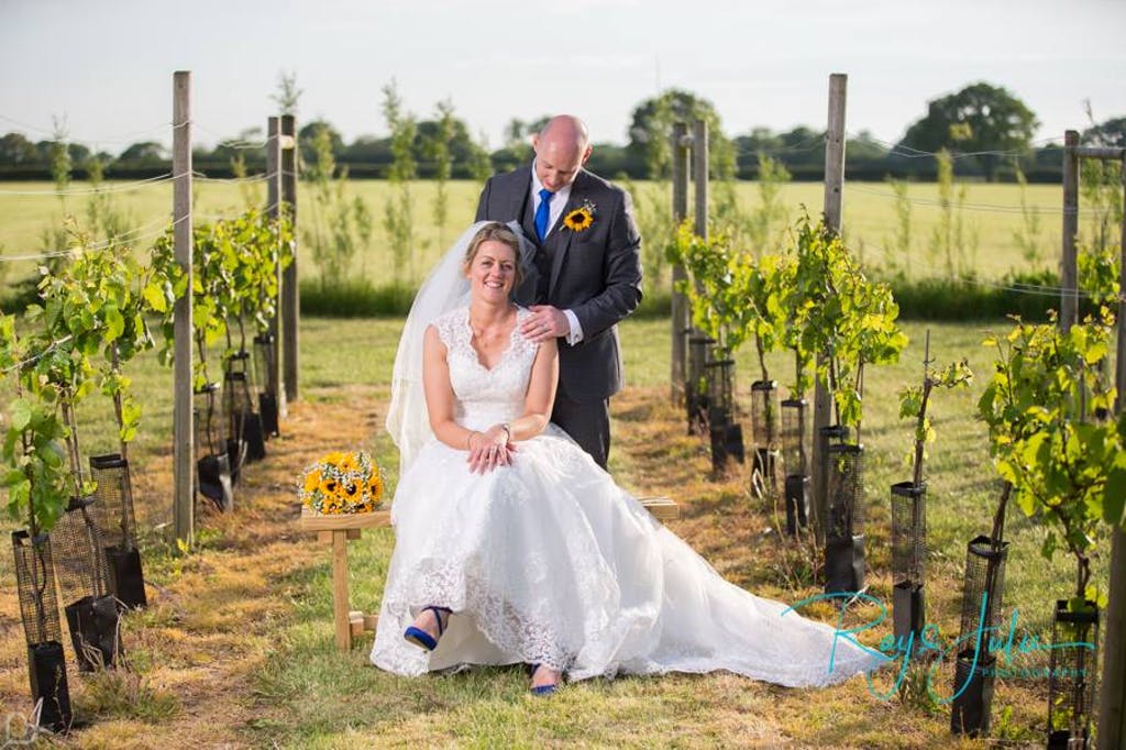 Bride and groom pose in the vineyard, the bride is sitting on a chair and the groom has his hand on her shoulder. 