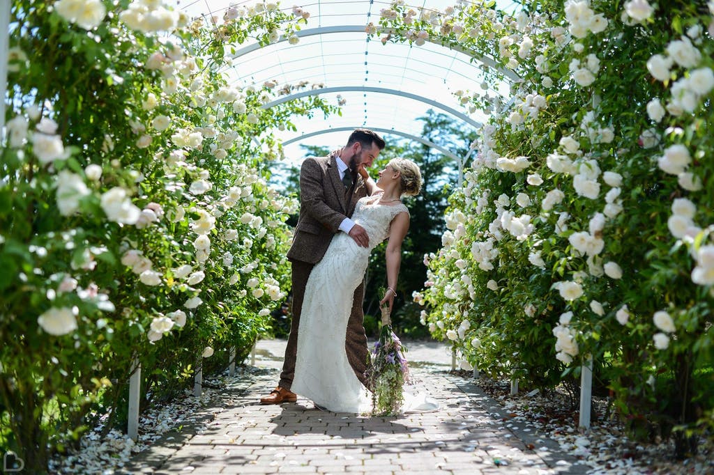 Newlyweds pose in amidst white roses.