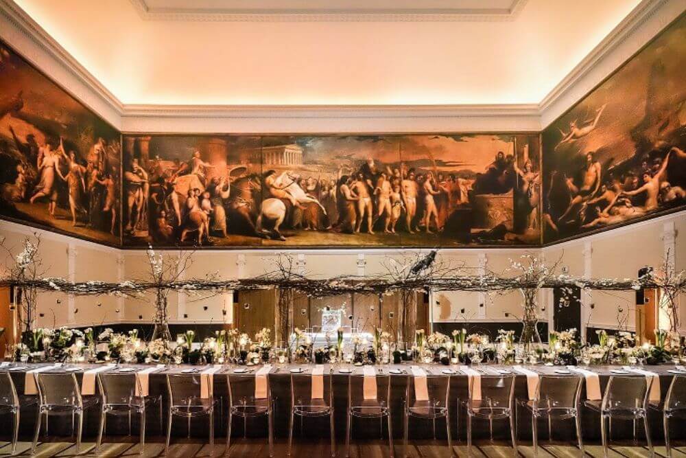 Tables set up for a wedding reception.
