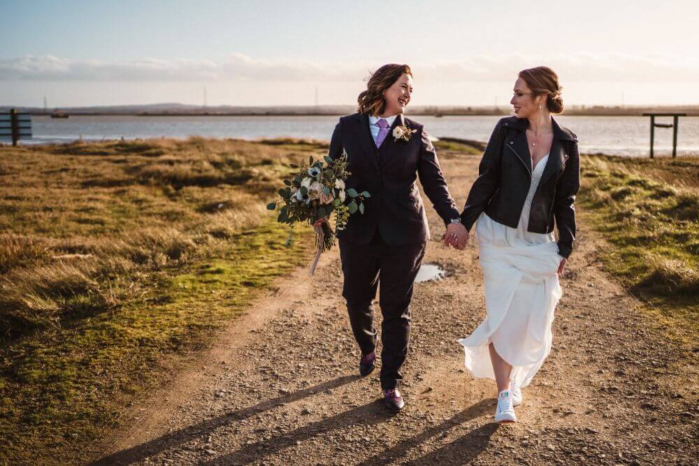 Bride and Bride holding hands and walking.