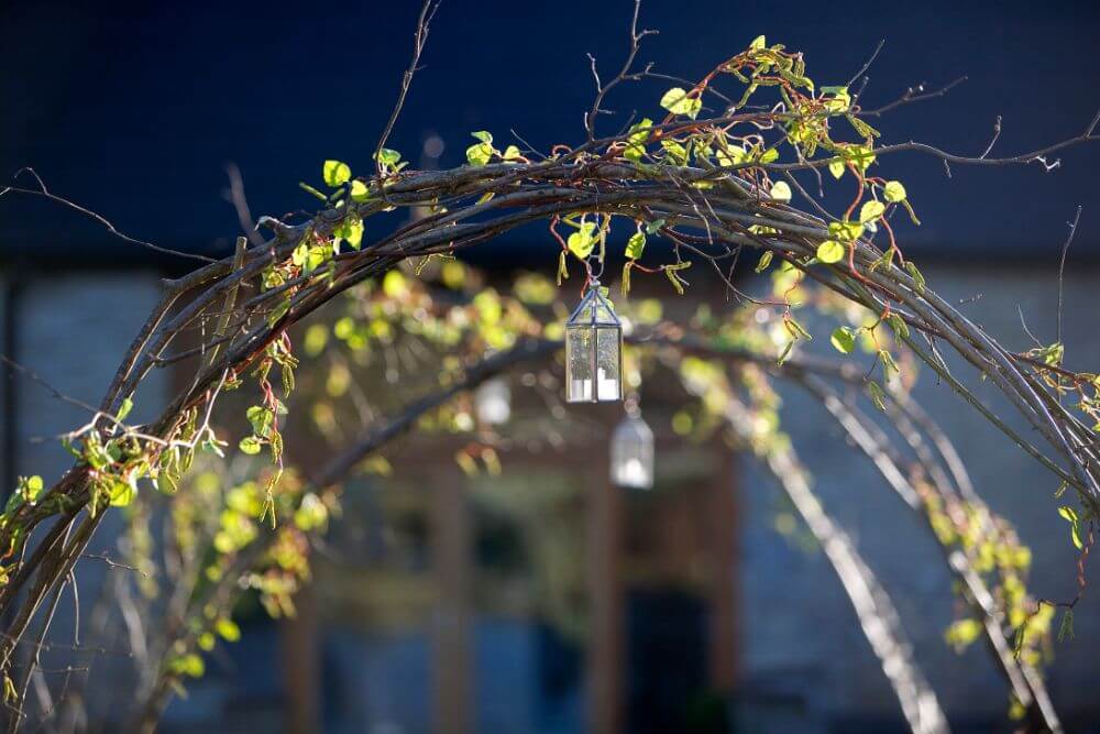 Close up of a lamp hanging in a bush.