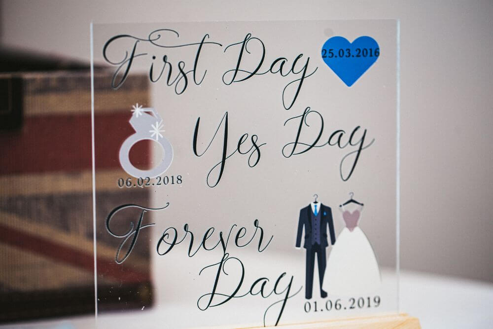 Wedding reception sign saying 'First Day, Yes Day, Forever Day'