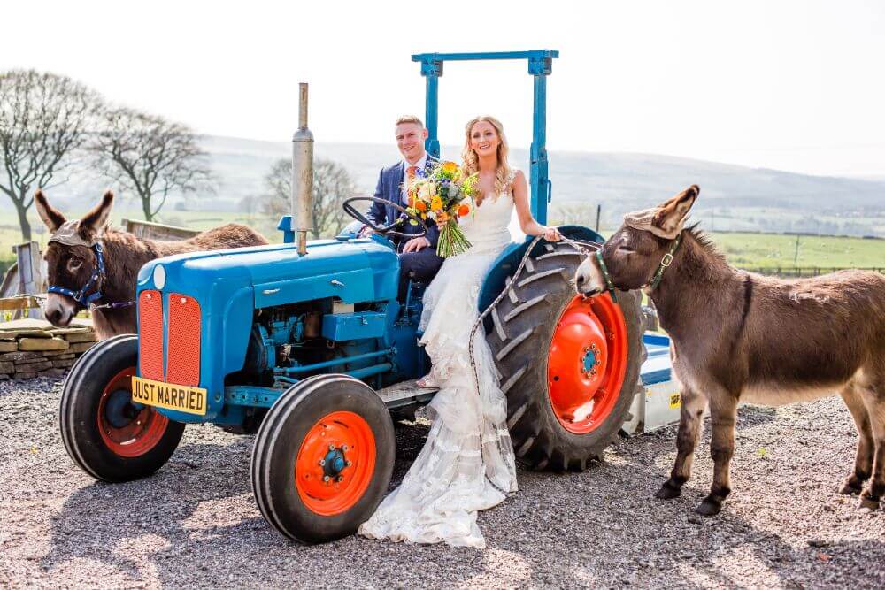 The couple inside a tractor with two donkeys beside it.