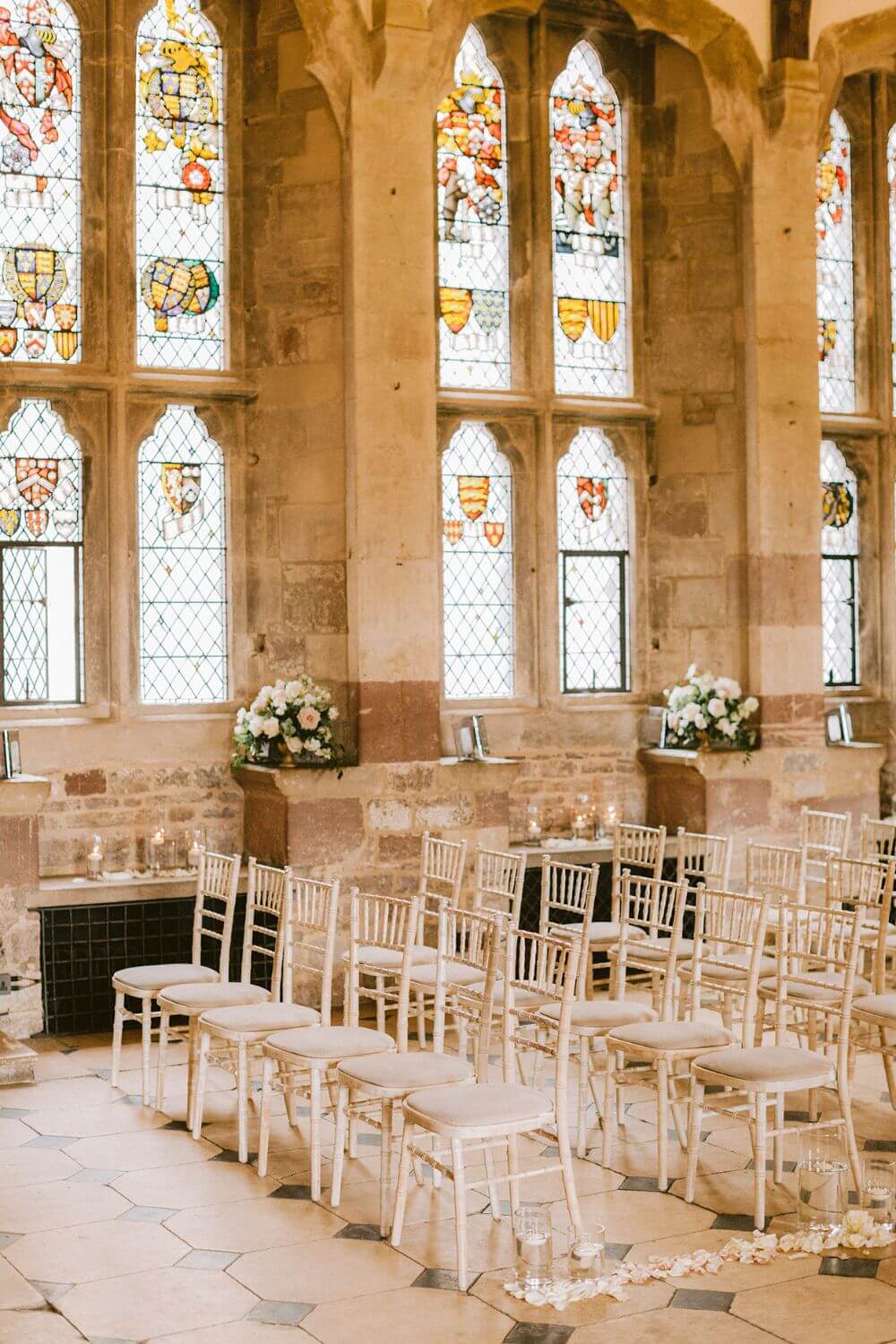 The ceremony room with historic looking windows.