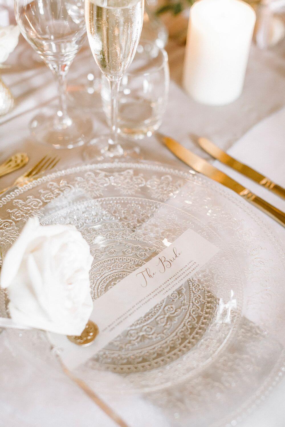 A white plate with a paper on top of it that reads "The Bride".