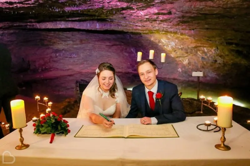 Wedding couple at the Wookey Hole Caves wedding venue