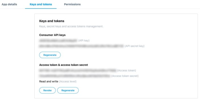 Twitter access tokens screen