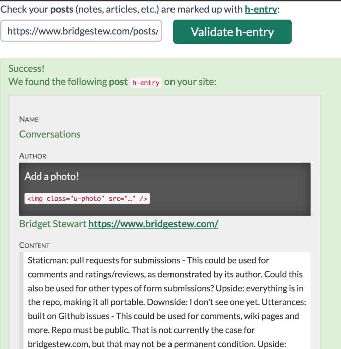 Success screen stating the h-entry was found, providing suggestions for additional properties to include in the h-entry.