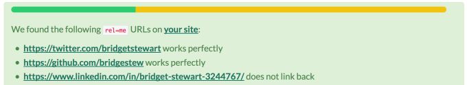Results of rel=me test demonstrating that Twitter and Github work perfectly while LinkedIn does not link back