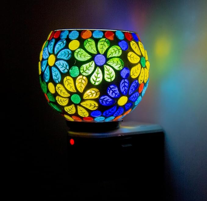 V21® Mosaic Glass Electric Plug-in Wax Warmer, On/Off Switch Lamp Electrical Night Lamp for Office, Home Red Base with Multicoloured Dots and Leaf Pattern
