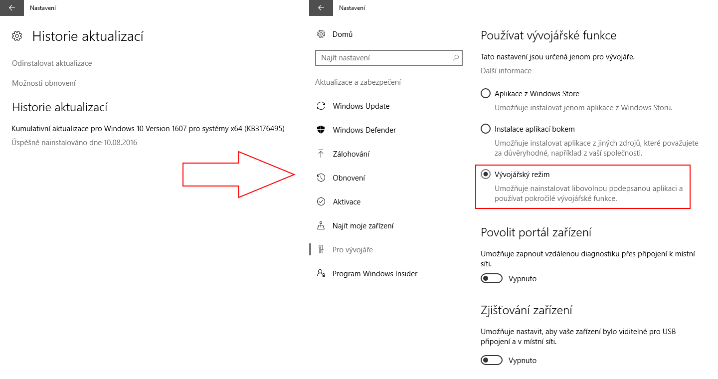 Windows 1607 vývojářský režim