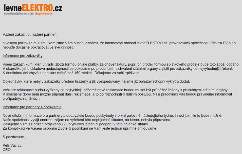 Oficiální vyrádření na webu LevneElektro.cz