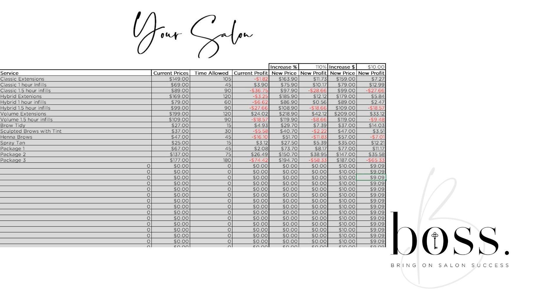 easily work out your price increases and see what your new profit and loss will be on each treatment
