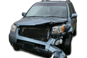 A blue van with a smashed-in front end.