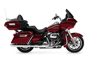 A red Harley Davidson highway cruiser