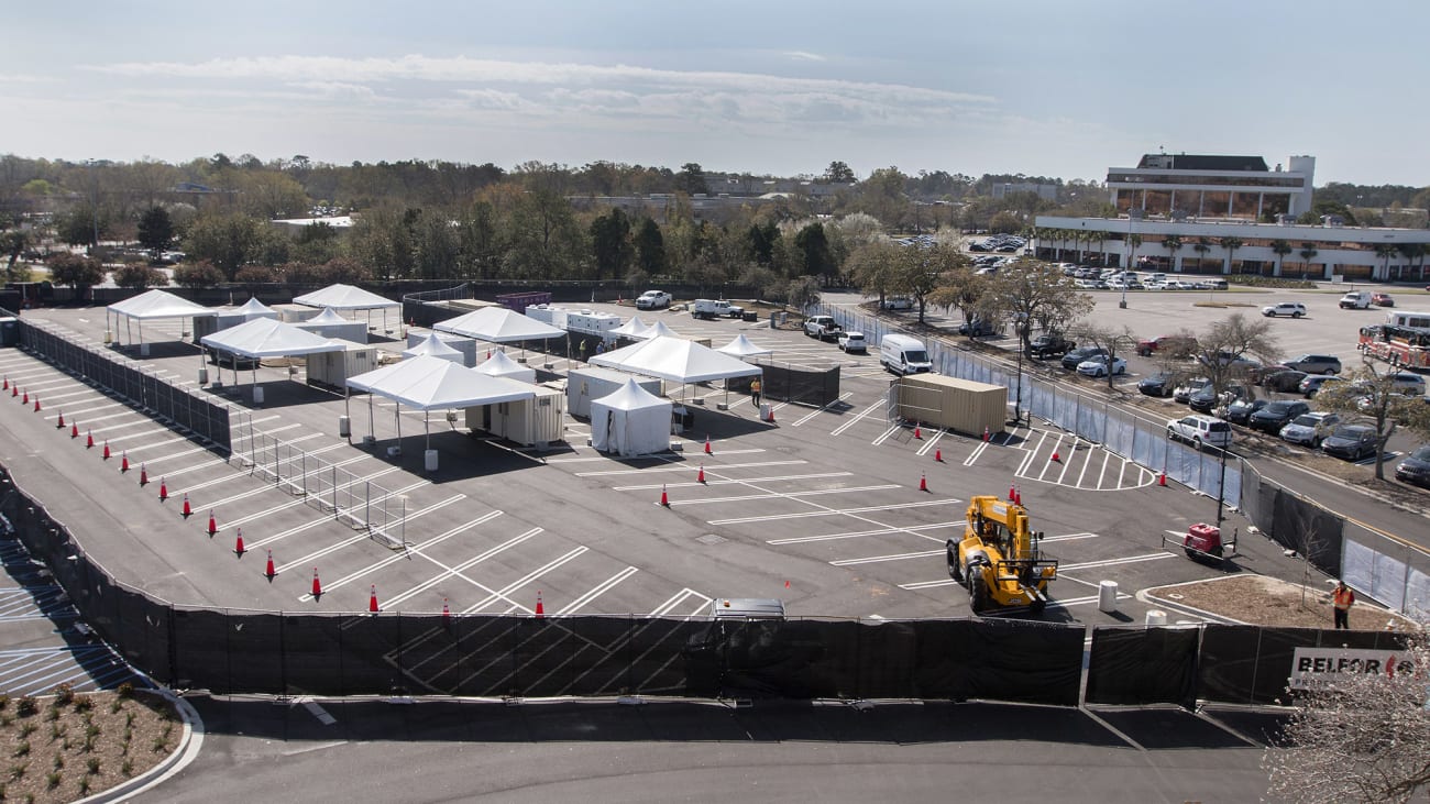 An aerial view of MUSC's drive-through respiratory specimen collection site.