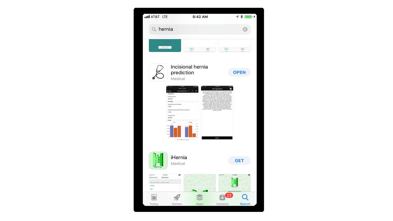 The Hernia App developed at the Penn Hernia Program allows surgeons to evaluate patients considering surgery to ascertain their relative risk for incisional hernia