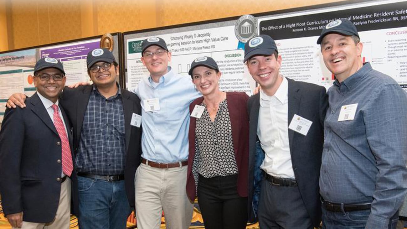 The HVPAA Future Leaders program directors gathered for a photo. They are, from left, Venkata Giri Andukuri (Creighton University), Kshitij Thakur (Crozer Keystone Medical Center/Drexel University), Rob Fogerty, (Yale University), Kencee Graves (University of Utah), Chris King (University of Colorado) and Remus Popa (University of California Riverside). Missing is Deepak Agrawal (UT Southwestern).