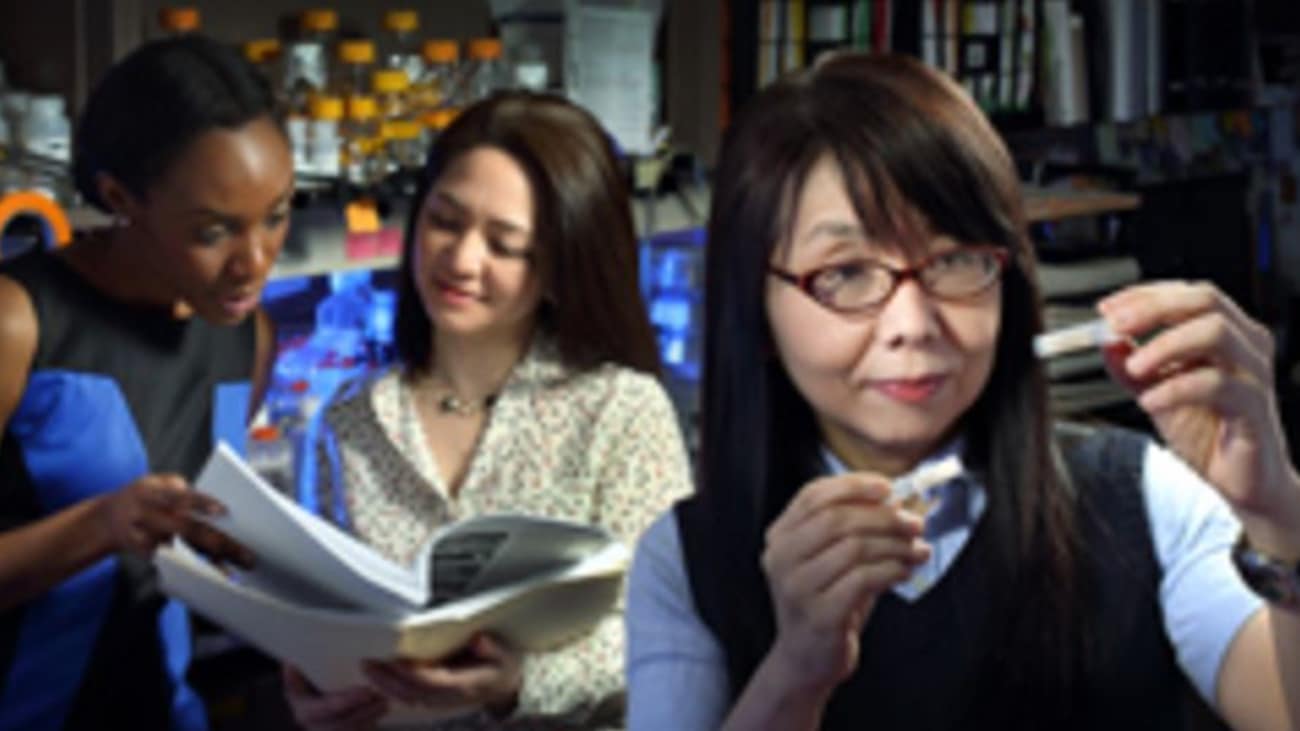 Koko Ishizuka, right, together with research program manager Yukiko Lema, center, and research assistant Cecilia Higgs, is tapping the unique characteristics of olfactory neurons to study dynamic changes in patients with neuropsychiatric disorders.