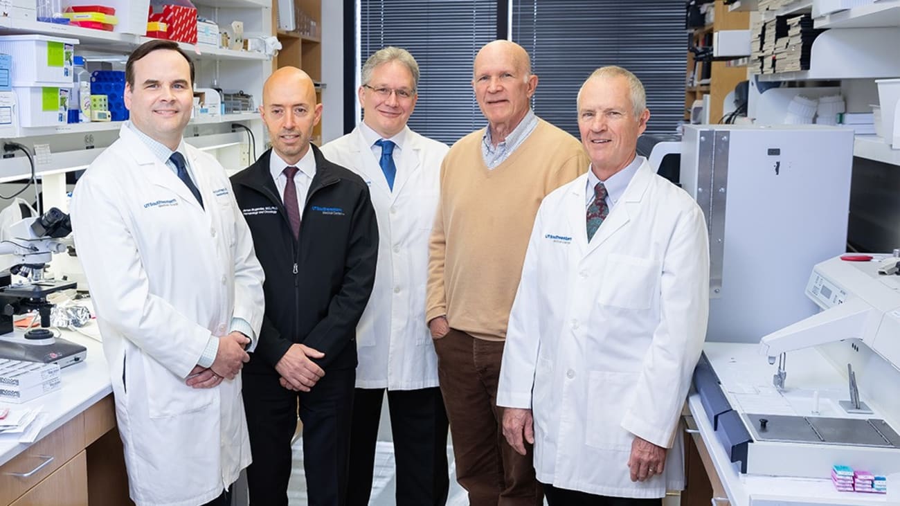 UT Southwestern researchers (l-r) Kevin Courtney, M.D., Ph.D.; James Brugarolas, M.D., Ph.D.; Richard Bruick, Ph.D.; Steven McKnight, Ph.D.; and David Russell, Ph.D., were among those involved with the scientific discoveries that helped make belzutifan a reality as a therapy for millions of people worldwide with kidney cancer.